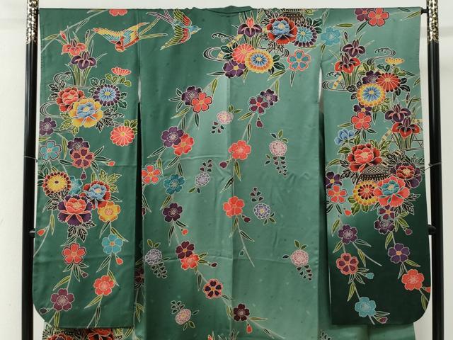 平和屋着物●豪華振袖　紅型　浜松尾長鳥草花文　暈し染め　正絹　逸品　CABI2132yc