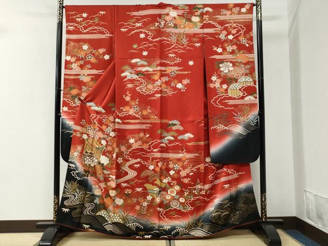 平和屋着物●豪華振袖　駒刺繍　御所車流水籬草花文　暈し染め　金彩　正絹　逸品　CABI2133yc