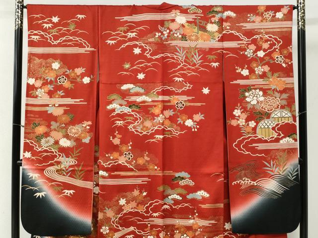 平和屋着物●豪華振袖　駒刺繍　御所車流水籬草花文　暈し染め　金彩　正絹　逸品　CABI2133yc
