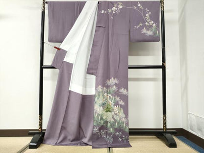 平和屋着物●訪問着　友禅　樹林風景笹竹松葉文　暈し染め　ロング丈　正絹　逸品　CABI2140yc