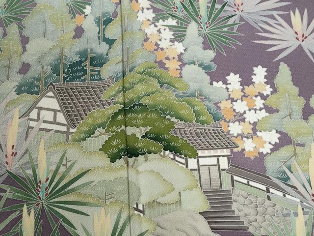 平和屋着物●訪問着　友禅　樹林風景笹竹松葉文　暈し染め　ロング丈　正絹　逸品　CABI2140yc