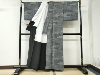 平和屋着物●江戸小紋　作家物　短冊重ね吉祥花文　黒地　正絹　逸品　CABI2145yc