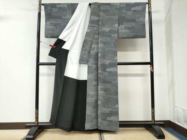 平和屋着物●江戸小紋　作家物　短冊重ね吉祥花文　黒地　正絹　逸品　CABI2145yc