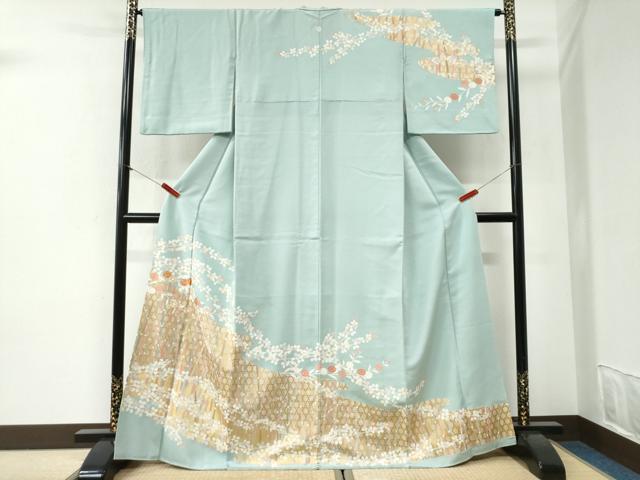 平和屋着物●訪問着　駒刺繍　網目木賊草花文　金彩　正絹　逸品　CABI2171yc