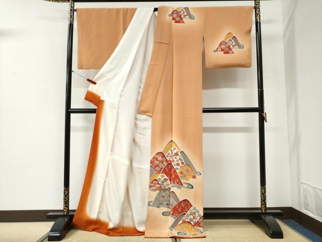 平和屋着物●訪問着　型染め　遠山流水流水松竹梅　暈し染め　鬼しぼ縮緬　ロング丈　正絹　逸品　CABI2181yc
