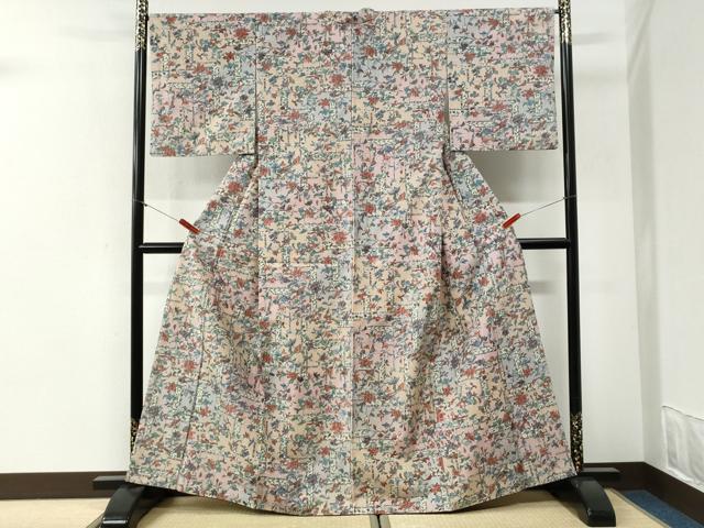 平和屋着物●上質な小紋　紬地　手描き　休み鳥更紗草花文　正絹　逸品　CABI2190yc