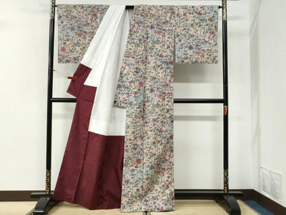 平和屋着物●上質な小紋　紬地　手描き　休み鳥更紗草花文　正絹　逸品　CABI2190yc