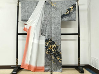 平和屋着物●訪問着　花蝶文　たたき染め　黒地　金彩　正絹　逸品　CABI2199yc