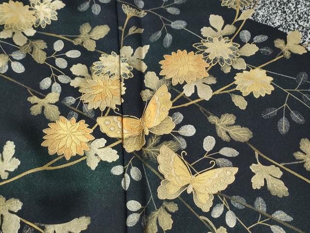 平和屋着物●訪問着　花蝶文　たたき染め　黒地　金彩　正絹　逸品　CABI2199yc