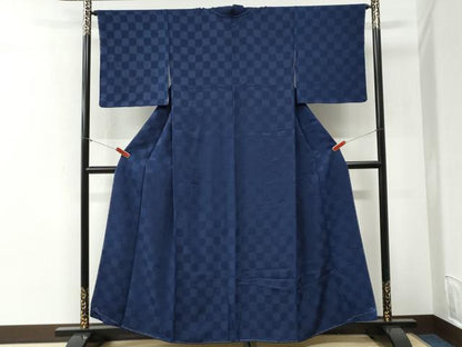 平和屋着物●上質な色無地　市松地紋　鉄紺色　正絹　逸品　未使用　CABI2202yc