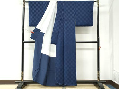 平和屋着物●上質な色無地　市松地紋　鉄紺色　正絹　逸品　未使用　CABI2202yc