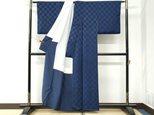 平和屋着物●上質な色無地　市松地紋　鉄紺色　正絹　逸品　未使用　CABI2202yc