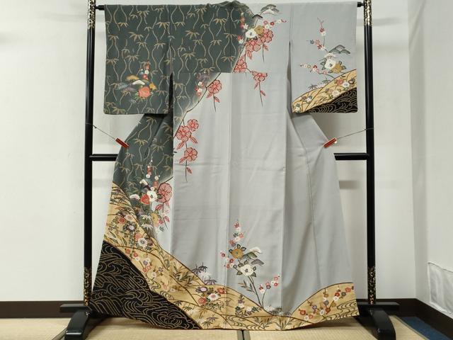 平和屋着物●訪問着　型染め　立波松竹梅花文　正絹　逸品　CABI2209yc