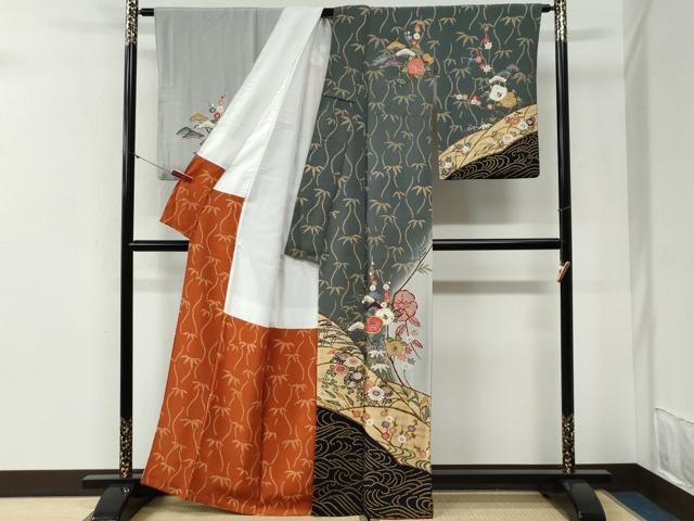 平和屋着物●訪問着　型染め　立波松竹梅花文　正絹　逸品　CABI2209yc