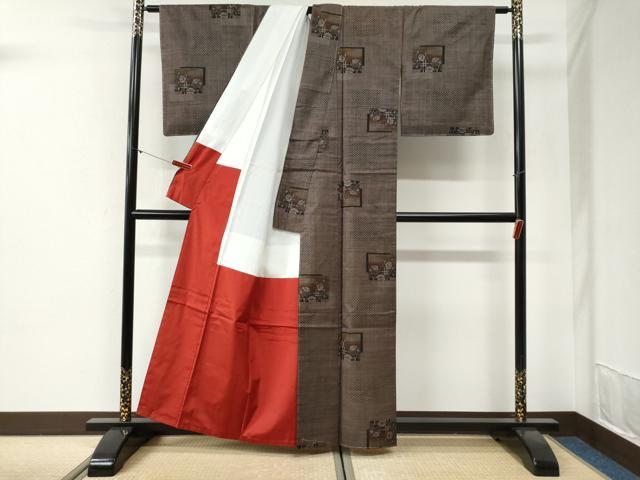 平和屋着物●本場大島紬　7マルキ　泥染め　色紙重ね草花文　小久保裕之作　証紙付き　正絹　逸品　未使用　CABI2217yc