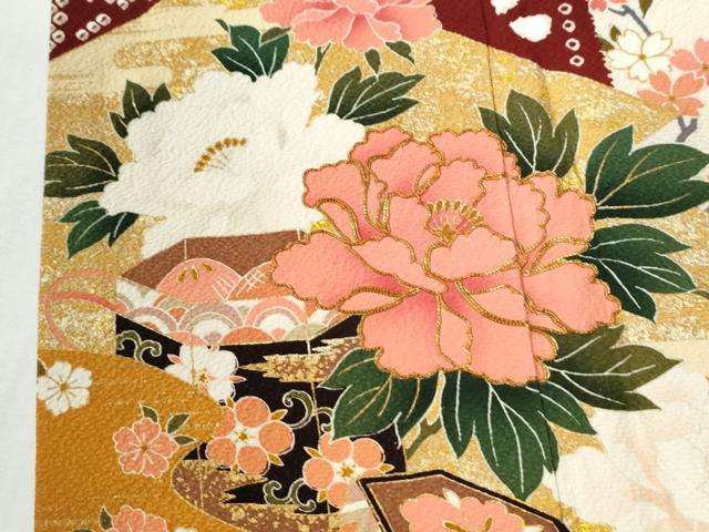 平和屋着物●豪華振袖　駒刺繍　鬘帯貝桶牡丹花文　金彩　正絹　逸品　CABI2227yc