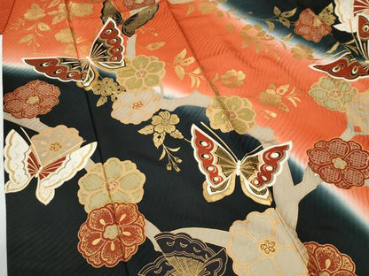 平和屋着物●豪華振袖　花蝶文　暈し染め　金彩　正絹　逸品　CABI2229yc