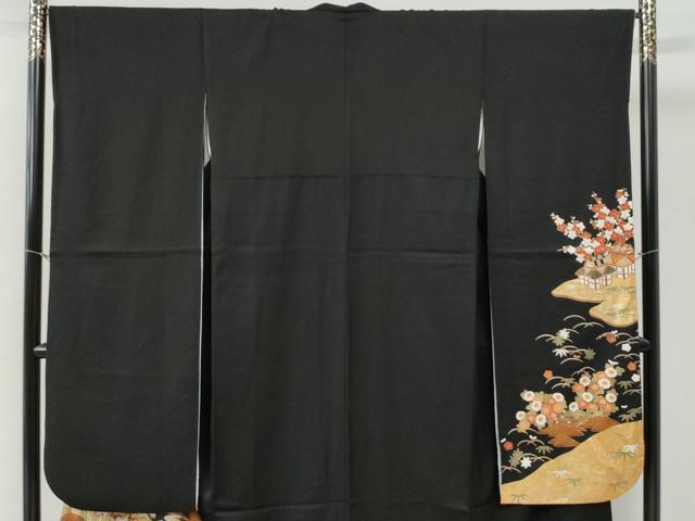 平和屋着物●豪華振袖・長襦袢セット　松竹梅渡り橋風景文　黒地　金彩　正絹　逸品　CABI2232yc
