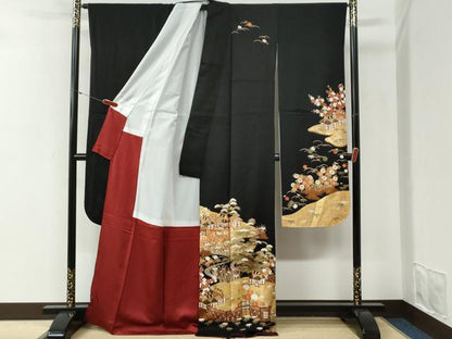 平和屋着物●豪華振袖・長襦袢セット　松竹梅渡り橋風景文　黒地　金彩　正絹　逸品　CABI2232yc