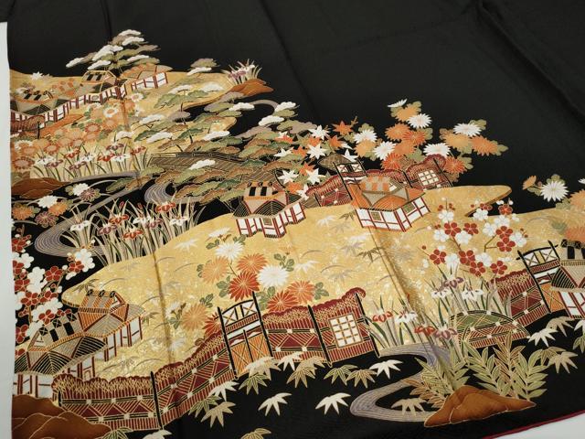 平和屋着物●豪華振袖・長襦袢セット　松竹梅渡り橋風景文　黒地　金彩　正絹　逸品　CABI2232yc