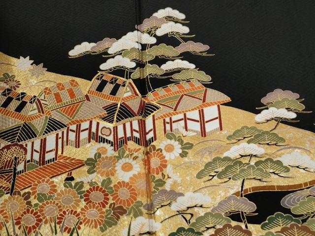 平和屋着物●豪華振袖・長襦袢セット　松竹梅渡り橋風景文　黒地　金彩　正絹　逸品　CABI2232yc