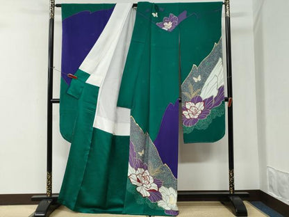 平和屋着物●森英恵・HANAE MORI　振袖・長襦袢セット　牡丹舞蝶文　金彩　正絹　逸品　未使用　CABI2233yc