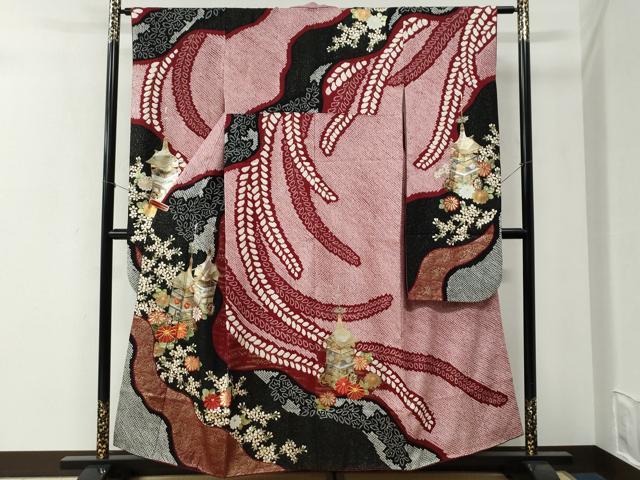 平和屋着物●豪華振袖　総絞り　駒刺繍　鉾草花文　金銀彩　鈴乃屋扱い　正絹　逸品　CABI2236yc