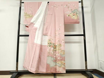 平和屋着物●訪問着　駒刺繍　雲取り枝花文　暈し染め　金彩　正絹　逸品　CABI2254yc