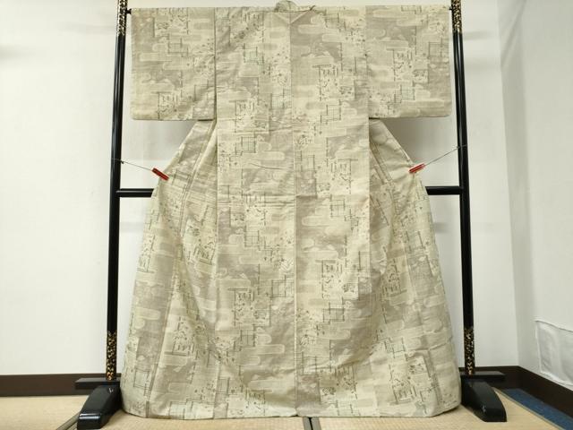平和屋着物●本場結城紬　重要無形文化財　100亀甲　エ霞笹竹風景文　ロング丈　正絹　逸品　CABI2270yc