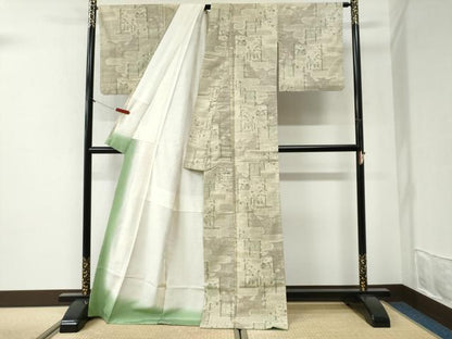 平和屋着物●本場結城紬　重要無形文化財　100亀甲　エ霞笹竹風景文　ロング丈　正絹　逸品　CABI2270yc