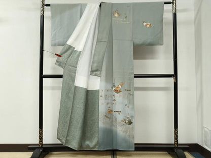 平和屋着物●中国三大刺繍　スワトウ刺繍　訪問着　松皮菱宝尽くし花松文　暈し染め　金彩　正絹　逸品　CABI2292yc