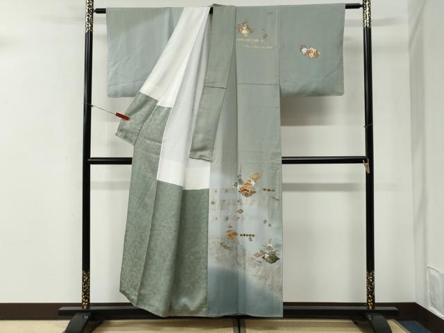 平和屋着物●中国三大刺繍　スワトウ刺繍　訪問着　松皮菱宝尽くし花松文　暈し染め　金彩　正絹　逸品　CABI2292yc