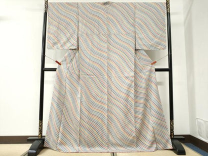 平和屋着物●上質な小紋　よろけ縞　ロング丈　正絹　逸品　CABI2304yc