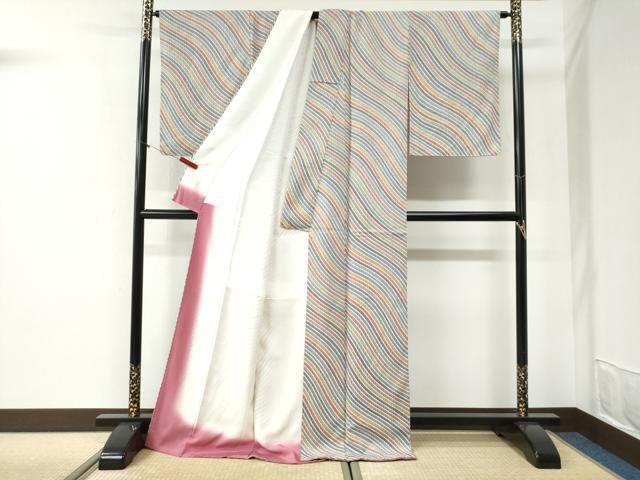 平和屋着物●上質な小紋　よろけ縞　ロング丈　正絹　逸品　CABI2304yc