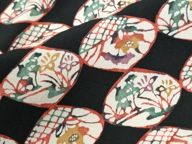 平和屋着物●上質な小紋　型染め　吉祥花文　黒地　正絹　逸品　CABI2309yc