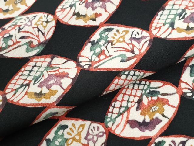 平和屋着物●上質な小紋　型染め　吉祥花文　黒地　正絹　逸品　CABI2309yc