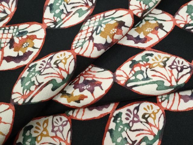 平和屋着物●上質な小紋　型染め　吉祥花文　黒地　正絹　逸品　CABI2309yc
