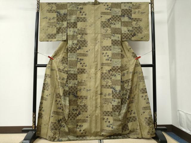 平和屋着物●本場染大島紬　変わり市松流水草花文　正絹　逸品　CABI2314yc