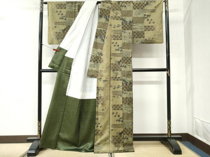 平和屋着物●本場染大島紬　変わり市松流水草花文　正絹　逸品　CABI2314yc
