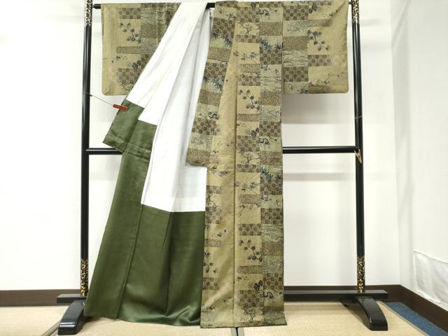 平和屋着物●本場染大島紬　変わり市松流水草花文　正絹　逸品　CABI2314yc