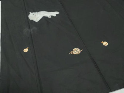 平和屋着物●本場縞大島紬　色留訪問着　総刺繍　猫　鈴　毬　正絹　逸品　CABI2330yc