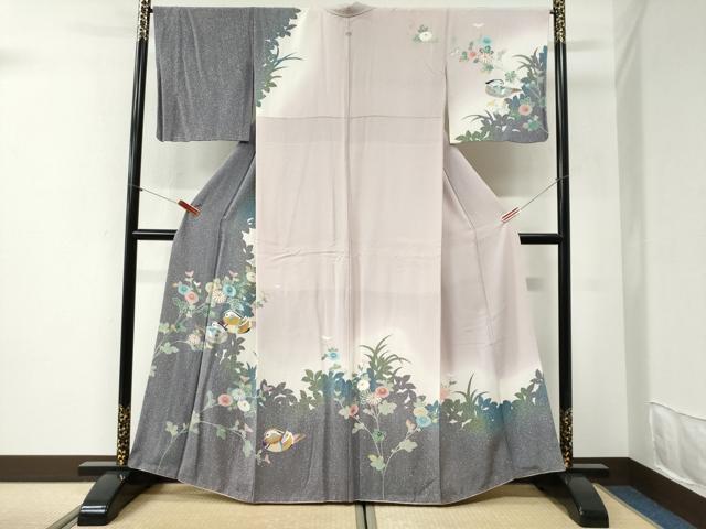 平和屋着物●訪問着　シルエット　鴛鴦枝菊文　暈し染め　金銀彩　正絹　逸品　CABI2342yc