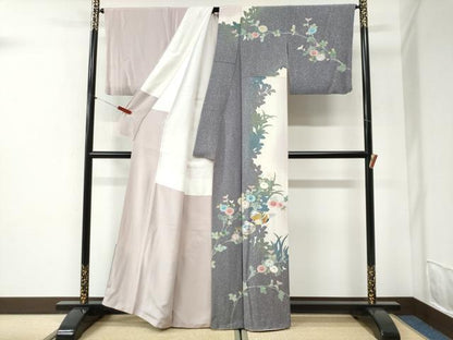 平和屋着物●訪問着　シルエット　鴛鴦枝菊文　暈し染め　金銀彩　正絹　逸品　CABI2342yc