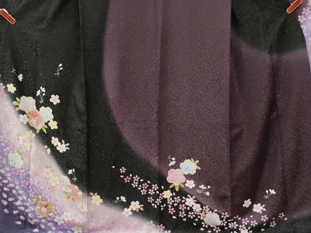平和屋着物●豪華振袖　駒刺繍　舞桜文　暈し染め　黒地　金通し地　正絹　逸品　CABI2345yc