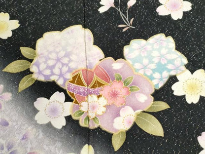 平和屋着物●豪華振袖　駒刺繍　舞桜文　暈し染め　黒地　金通し地　正絹　逸品　CABI2345yc