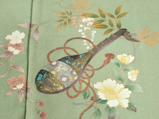 平和屋着物●訪問着　琵琶　でんでん太鼓　草花文　暈し染め　金彩　正絹　逸品　CABI2351yc