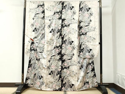 平和屋着物●豪華振袖　舟牡丹花文　黒地　金彩　やまと誂製　正絹　逸品　CABI2367yc
