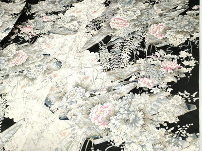 平和屋着物●豪華振袖　舟牡丹花文　黒地　金彩　やまと誂製　正絹　逸品　CABI2367yc