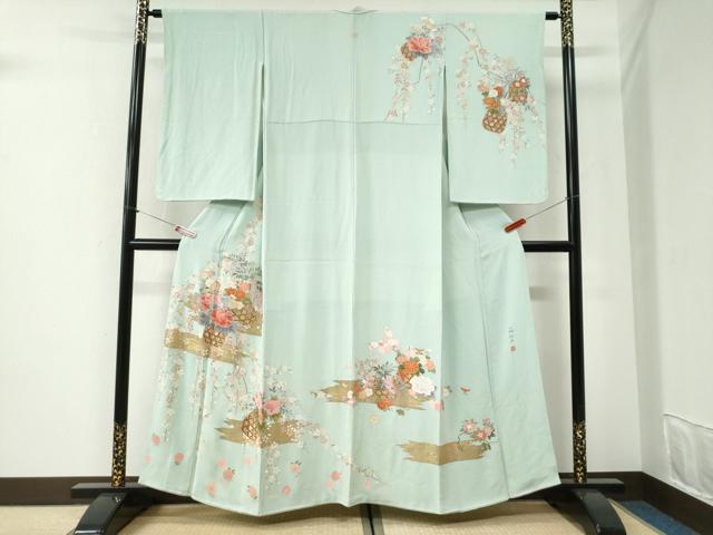 平和屋着物●訪問着　作家物　霞花籠文　金彩　鬼しぼ縮緬　正絹　逸品　CABI2377yc