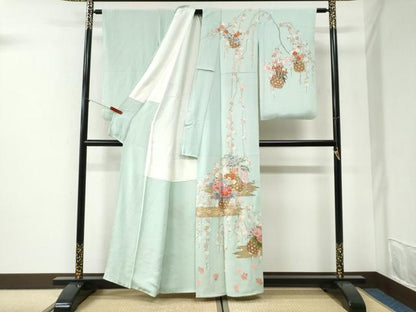 平和屋着物●訪問着　作家物　霞花籠文　金彩　鬼しぼ縮緬　正絹　逸品　CABI2377yc